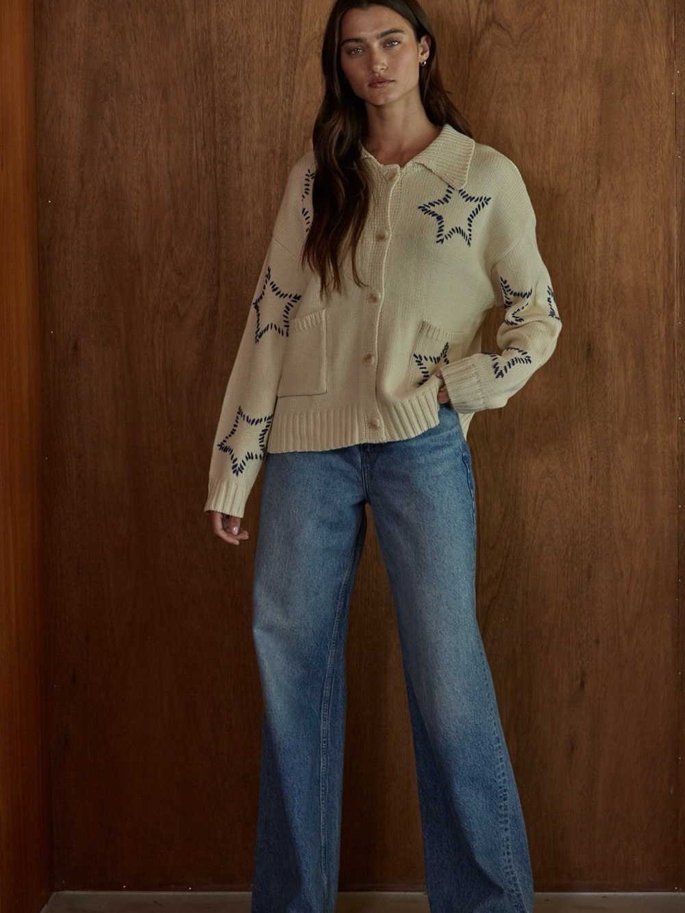 W2608 Saddle Stitch Star Cream Button-Up Cardigan - Picture 2 of 3
